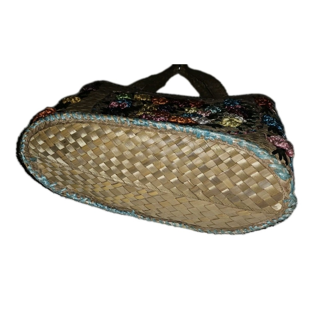 Vintage Embroided‎ Floral Raffia Straw Beach Market Tote Bag Lined Summer Beach - Picture 7 of 13